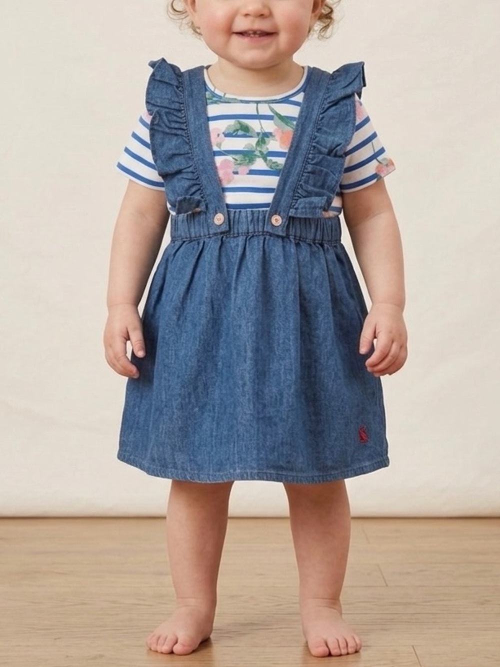Joules Baby Girls Jenny Chambray Pinafore + Floral Stripe Bodysuit Matching Set